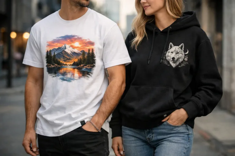 Model wearing premium USA-made T-shirt and hoodie in city environment