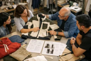 Design and factory teams reviewing prototype sample and annotated spec sheet together