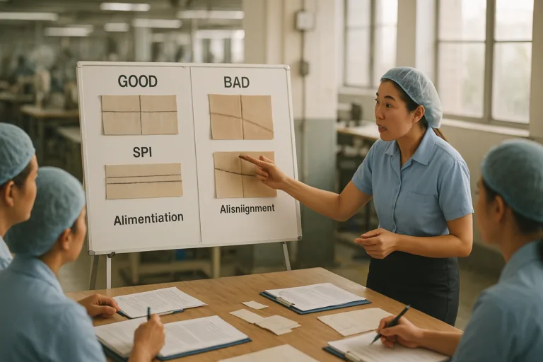 QC staff reviewing demo boards of seam quality and alignment during training