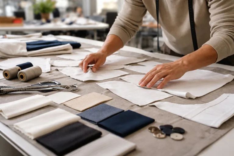 Technician arranges fabric panels and patterns during sample making in apparel factory
