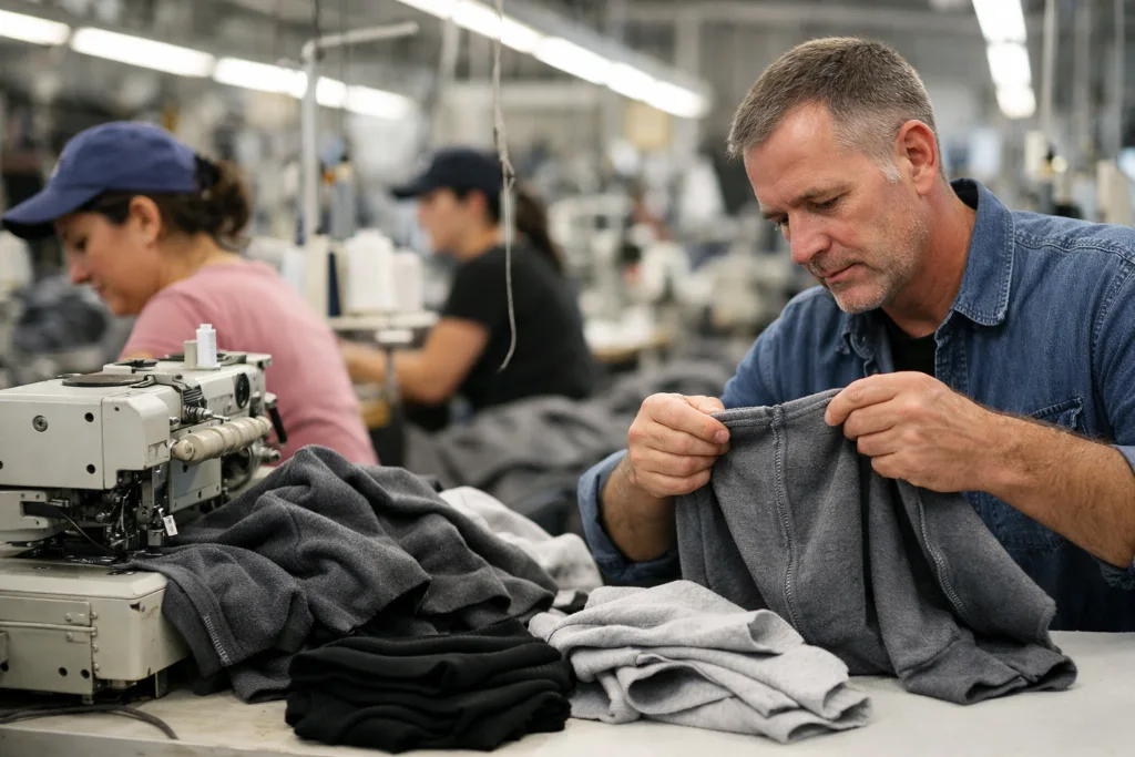 Sewing line with fleece garment production and in-process QC