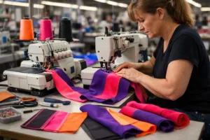 Seamstress sewing stretch leggings on overlock machine in factory environment