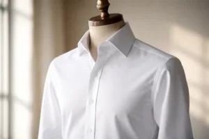 Shirt on mannequin with firm collar, cuffs, and placket, highlighting interfacing support