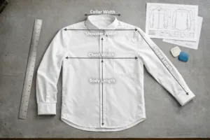 Woven shirt on table with measurement points, ruler, and spec sheet