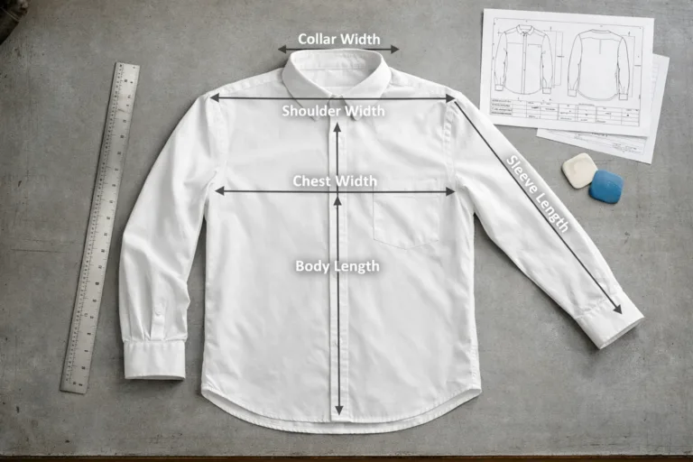 Woven shirt on table with measurement points, ruler, and spec sheet