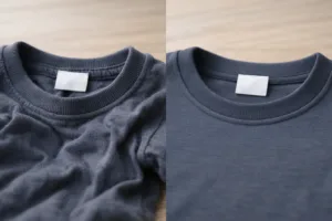Comparison of shrunken and original T-shirts showing texture and size difference