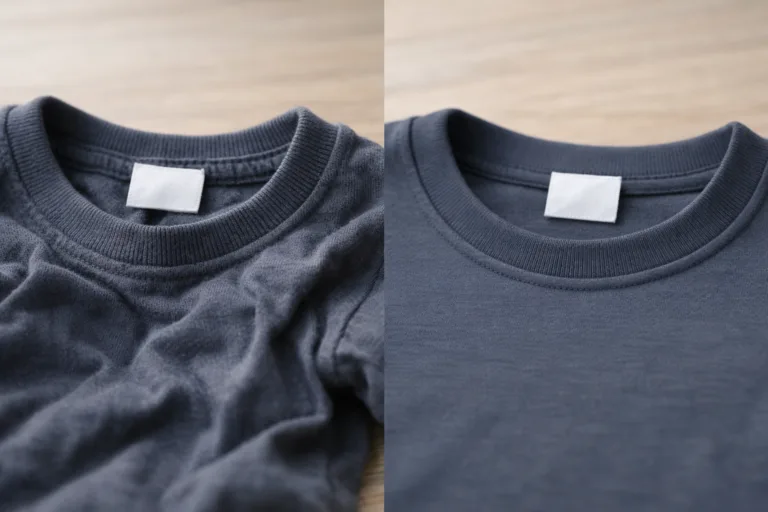 Comparison of shrunken and original T-shirts showing texture and size difference