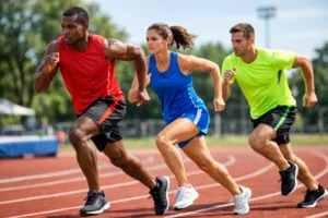 Athletes in polyester tricot shorts and interlock tops running on an outdoor track