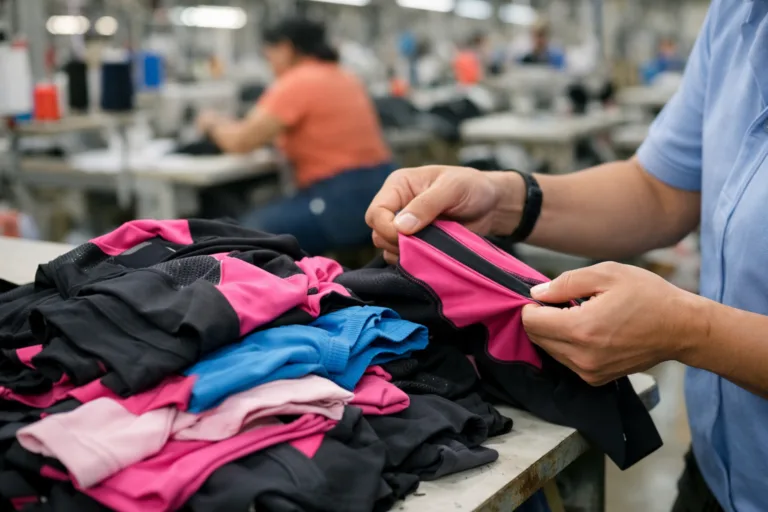 Factory QC inspector stretch-tests sportswear seams for stitch balance