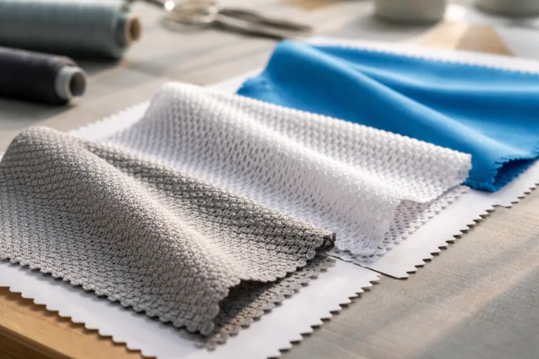 Macro view of sportswear technical fabrics, including polyester, mesh, and spandex blends, on factory table