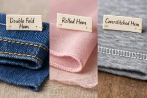 Macro view of different hem types on denim, chiffon, and jersey