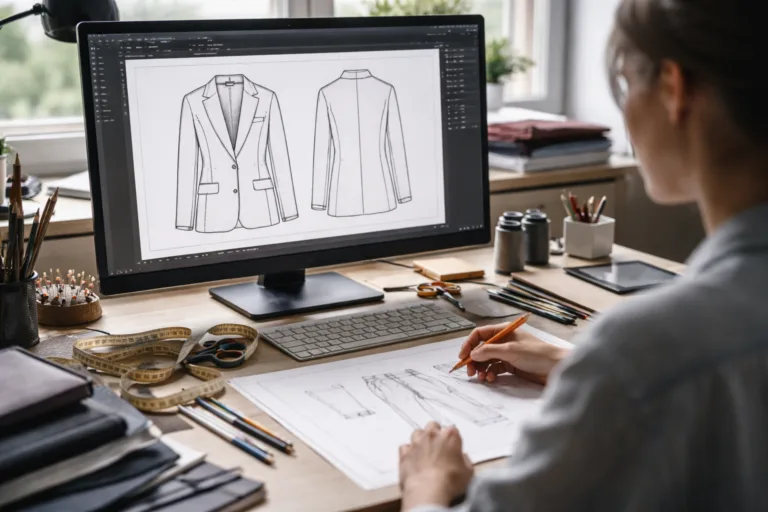 A focused fashion designer creates a tech pack sketch using Adobe Illustrator, highlighting vector precision in a modern studio.