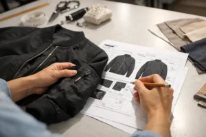 A designer inspects a garment sample, highlighting discrepancies and noting revisions to update the tech pack accurately.