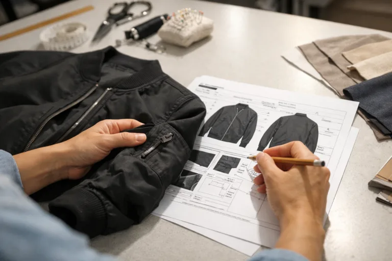 A designer inspects a garment sample, highlighting discrepancies and noting revisions to update the tech pack accurately.