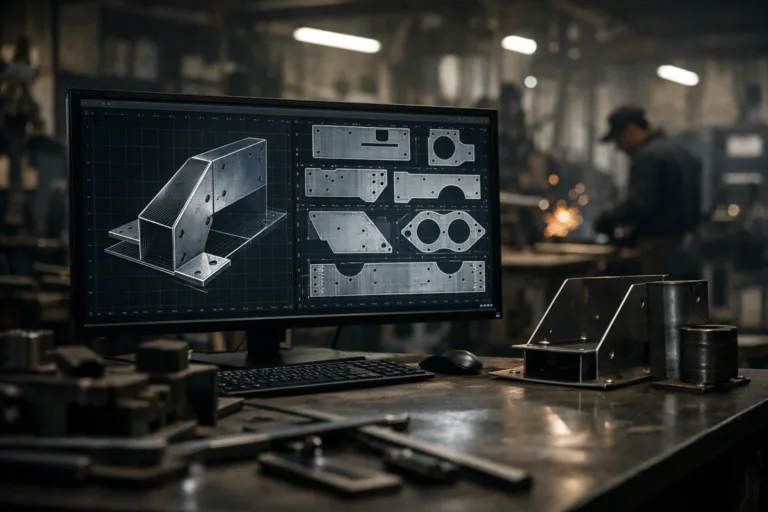 This image highlights engineers working with digital patterns and DXF files on CAD software inside a high-tech metal fabrication workshop, reflecting the article's focus on advanced pattern conversion.