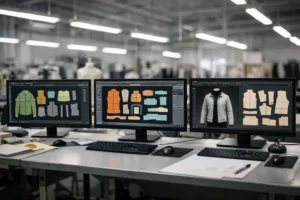 Bright, professional pattern room showcasing Gerber, Lectra, and CLO3D in action on monitors amid a manufacturing setup.