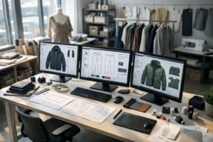 Professionals in a bright studio collaborating on digital tech packs across multiple screens—emphasizing the shift toward efficient fashion manufacturing.