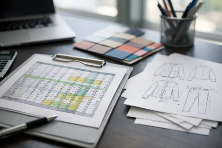 A designer's desk featuring an open Excel sheet for tech pack creation, color swatches, and technical garment sketches arranged in a clean and bright fashion studio.