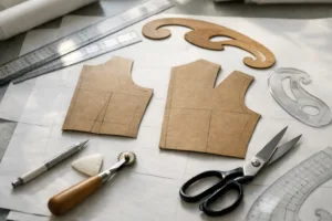 A well-organized fashion studio with drafting tools and pattern paper laid out for flat pattern technique. Highlights the method’s precision and professional set-up.