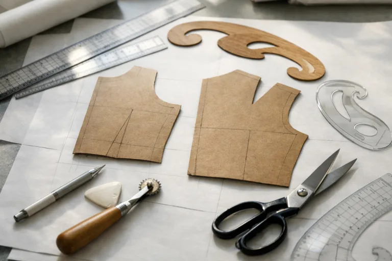 A well-organized fashion studio with drafting tools and pattern paper laid out for flat pattern technique. Highlights the method’s precision and professional set-up.