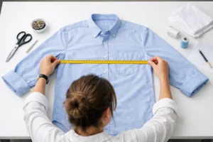 A designer takes accurate garment measurements at standard points of measure, ensuring proper fit for apparel production.