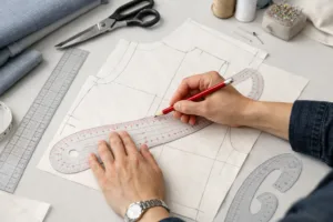 A technician precisely sizes a base garment pattern for production, highlighting manual pattern grading techniques in a studio setting.