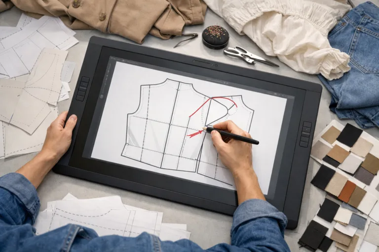 This image shows a designer digitally annotating pattern corrections intended for clear communication with a manufacturing factory team.
