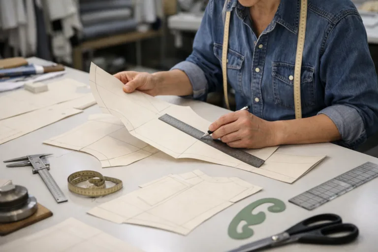 A close-up of a pattern maker reviewing paper pattern pieces for alignment and measurement accuracy, essential for troubleshooting fit issues in pattern making.