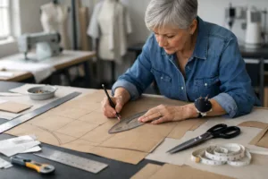 A professional pattern maker uses advanced tools and skills to create accurate garment patterns, representing the quality and expertise difference in the cost and quality analysis.