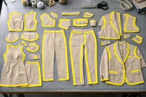 A professional studio workspace, with dress, trouser, and jacket pattern pieces, each clearly showing seam allowance markings. Bright and clean environment, emphasizing accuracy.