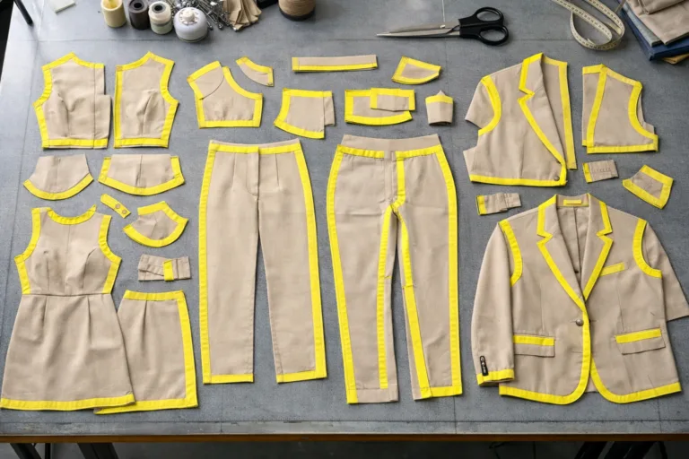 A professional studio workspace, with dress, trouser, and jacket pattern pieces, each clearly showing seam allowance markings. Bright and clean environment, emphasizing accuracy.