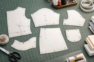 An overhead image of a garment worktable featuring paper sewing patterns with vividly marked symbols and notches, perfect for a practical sewing tutorial.