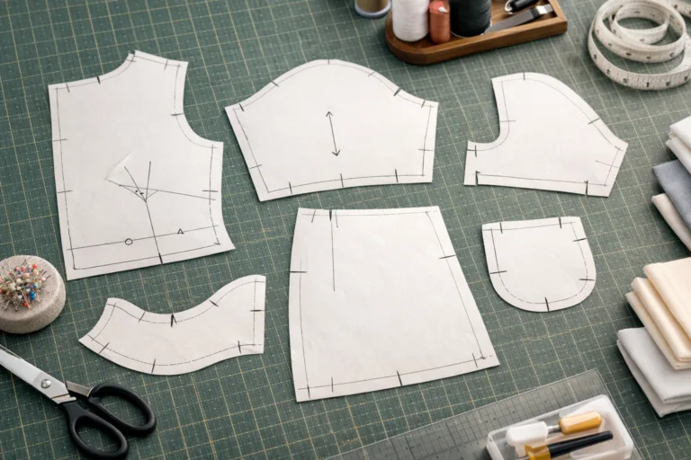 An overhead image of a garment worktable featuring paper sewing patterns with vividly marked symbols and notches, perfect for a practical sewing tutorial.