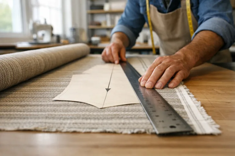 A focused scene demonstrating precise placement of a pattern’s grain line on a length of fabric, underscoring the foundation of perfect garment fit.
