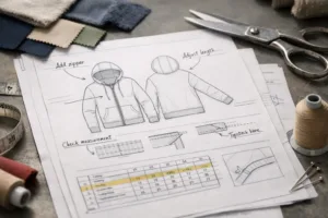 Image depicts annotated garment paperwork featuring clear comments and factory callouts, emphasizing clarity and professionalism in factory communication.