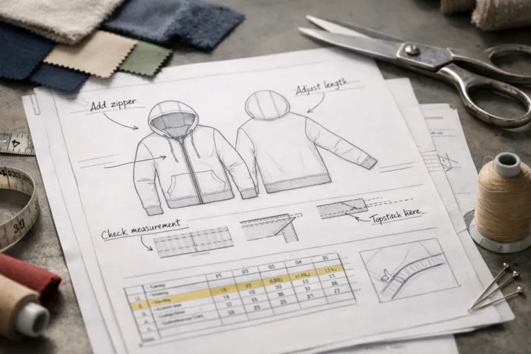 Image depicts annotated garment paperwork featuring clear comments and factory callouts, emphasizing clarity and professionalism in factory communication.