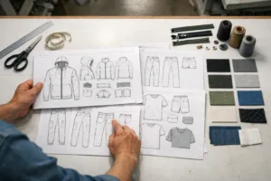 A modern apparel designer reviews a complete tech pack at a well-lit manufacturing workspace, highlighting the role of documentation in production.