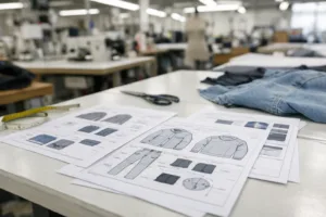 This image captures a professional apparel factory environment, emphasizing the critical role of complete tech pack documentation in avoiding production delays.