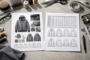 A professional workspace showing a Tech Pack and a Spec Sheet side-by-side, highlighting the distinct details each document contains in fashion manufacturing.