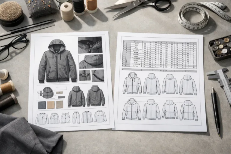 A professional workspace showing a Tech Pack and a Spec Sheet side-by-side, highlighting the distinct details each document contains in fashion manufacturing.