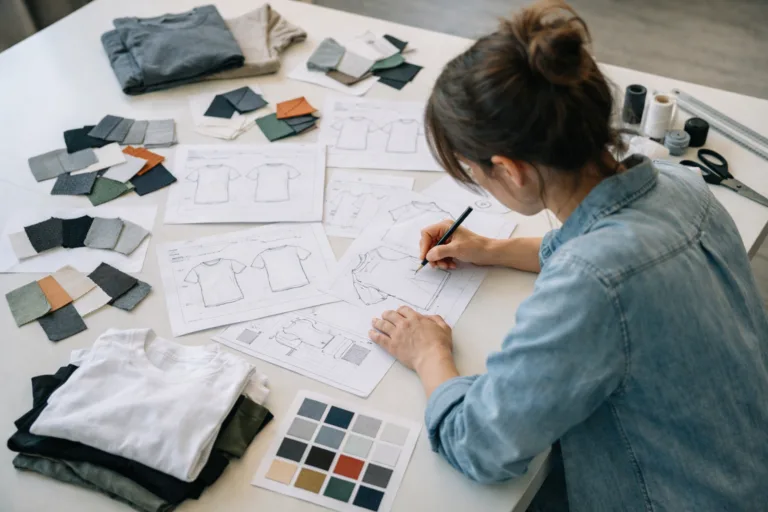 A designer carefully organizes tech pack documents, garment sketches, and fabric samples to develop precise specifications for T-shirts in a bright creative studio.