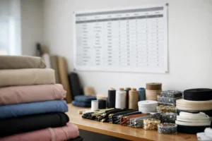 A visually appealing, realistic apparel workspace organized for BOM creation with visible fabrics, trims, and an official documentation table for apparel production.