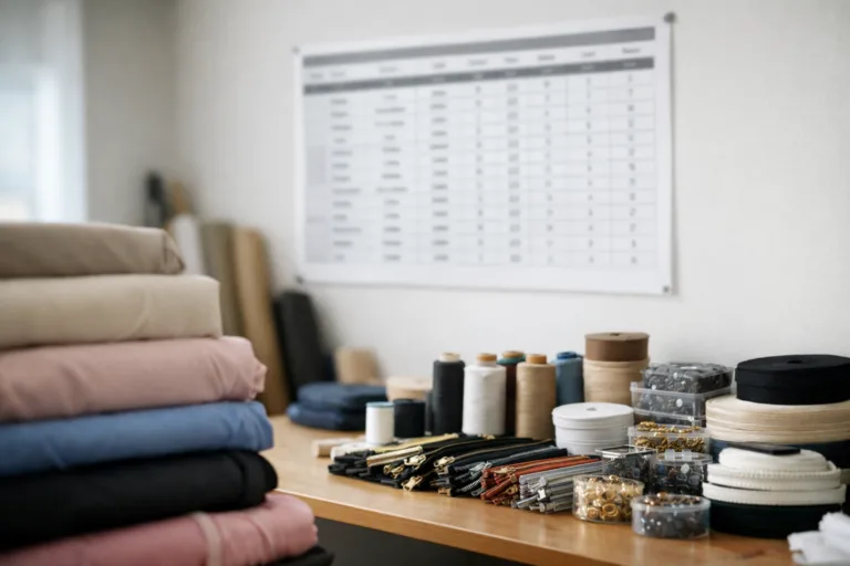 A visually appealing, realistic apparel workspace organized for BOM creation with visible fabrics, trims, and an official documentation table for apparel production.
