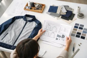 The image highlights the first stage of apparel sampling: turning creative ideas into technical instructions and sample requests, under soft daylight with a productive atmosphere.