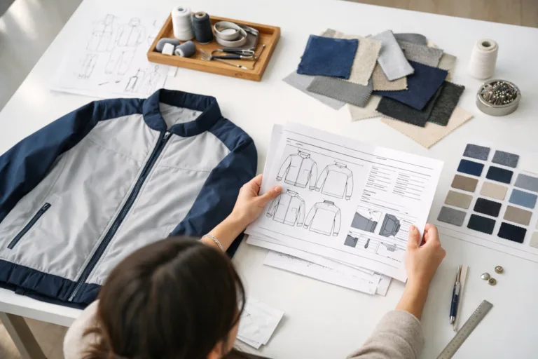 The image highlights the first stage of apparel sampling: turning creative ideas into technical instructions and sample requests, under soft daylight with a productive atmosphere.