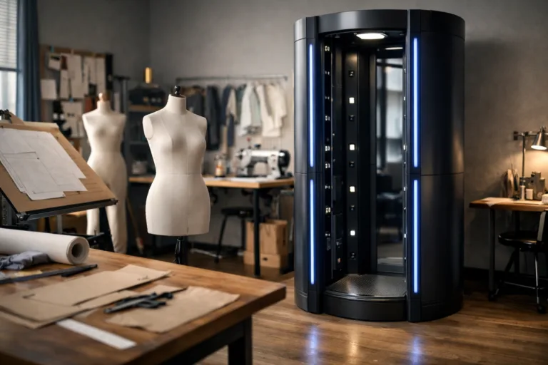 A modern studio for apparel design featuring a high-tech body scanner used to capture anthropometric data for better fit optimization.