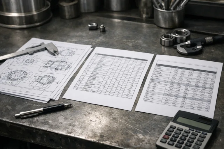 A clean and professional view showing how a BOM and a costing sheet interact on the desk of a metal product engineer or costing manager.