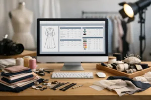 The image shows a modern fashion studio, with a monitor featuring BOM software, ideal for small fashion brands managing materials.