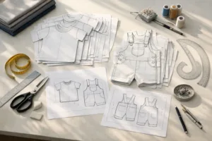 A sunlit studio table with children's garment patterns, highlighting the meticulous grading process and industry measuring tools used for growth spurts and safety.