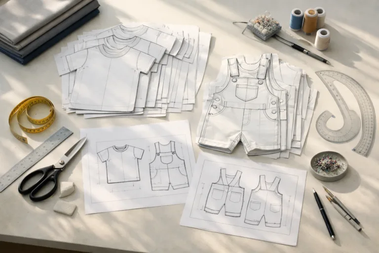 A sunlit studio table with children's garment patterns, highlighting the meticulous grading process and industry measuring tools used for growth spurts and safety.